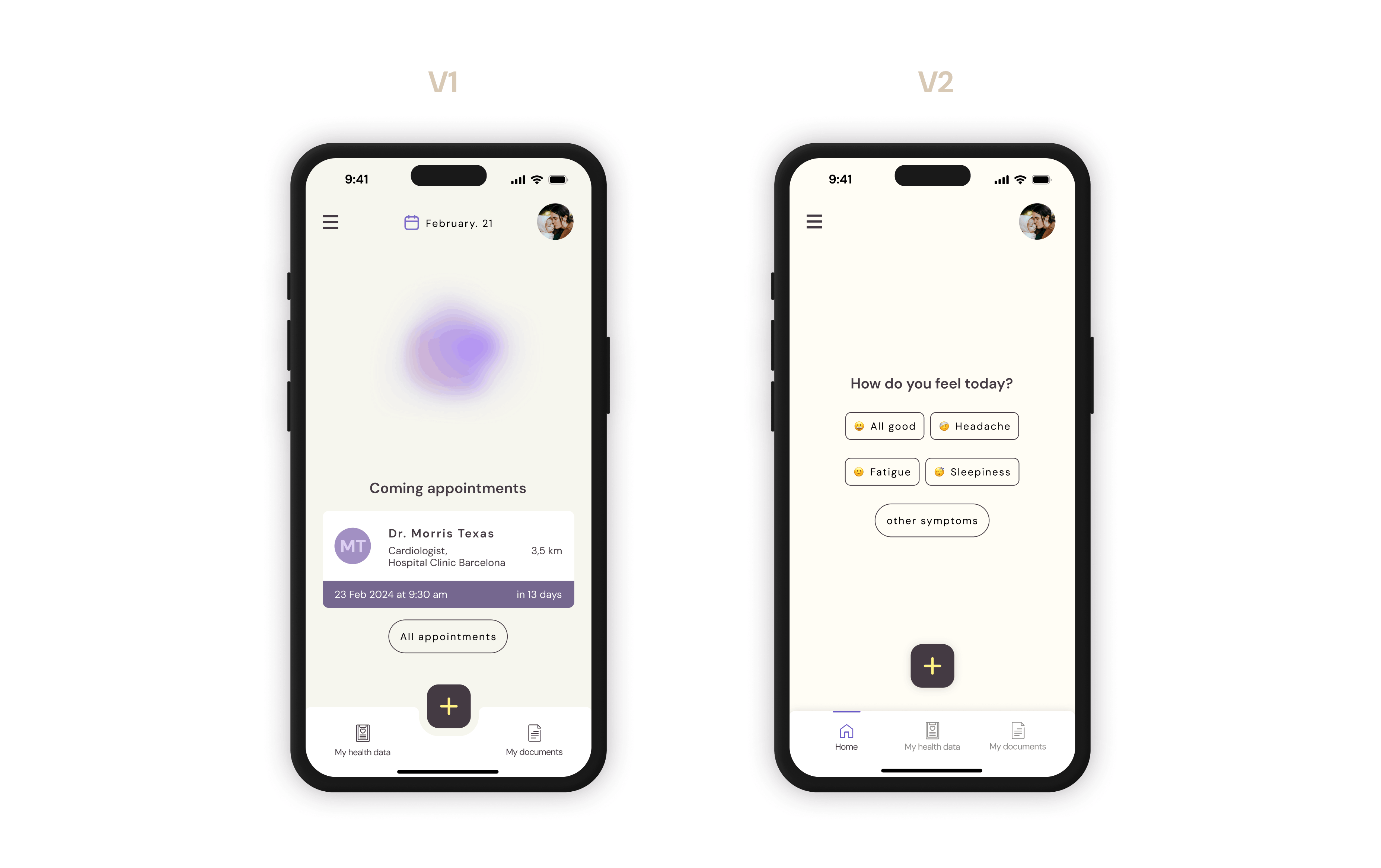 Home screen V1 vs V2 — before and after user testing