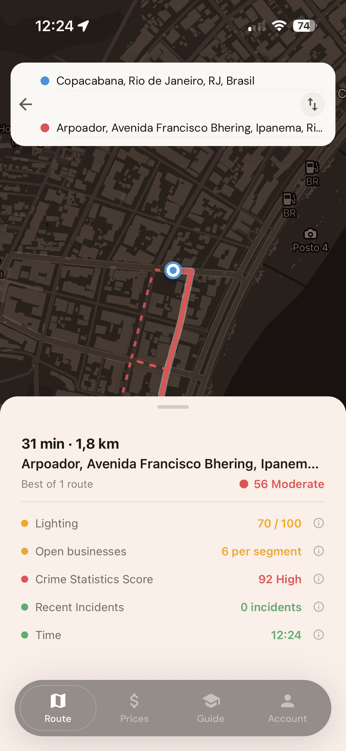 A scored route in AVEE: 56 Moderate, broken down into lighting, open businesses, crime statistics, recent incidents and time