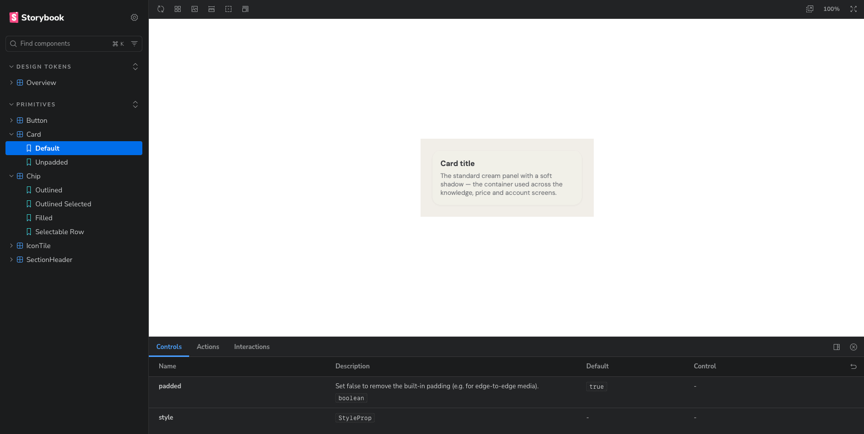 The AVEE Storybook: design tokens, and the Button, Card, Chip, IconTile and SectionHeader primitives