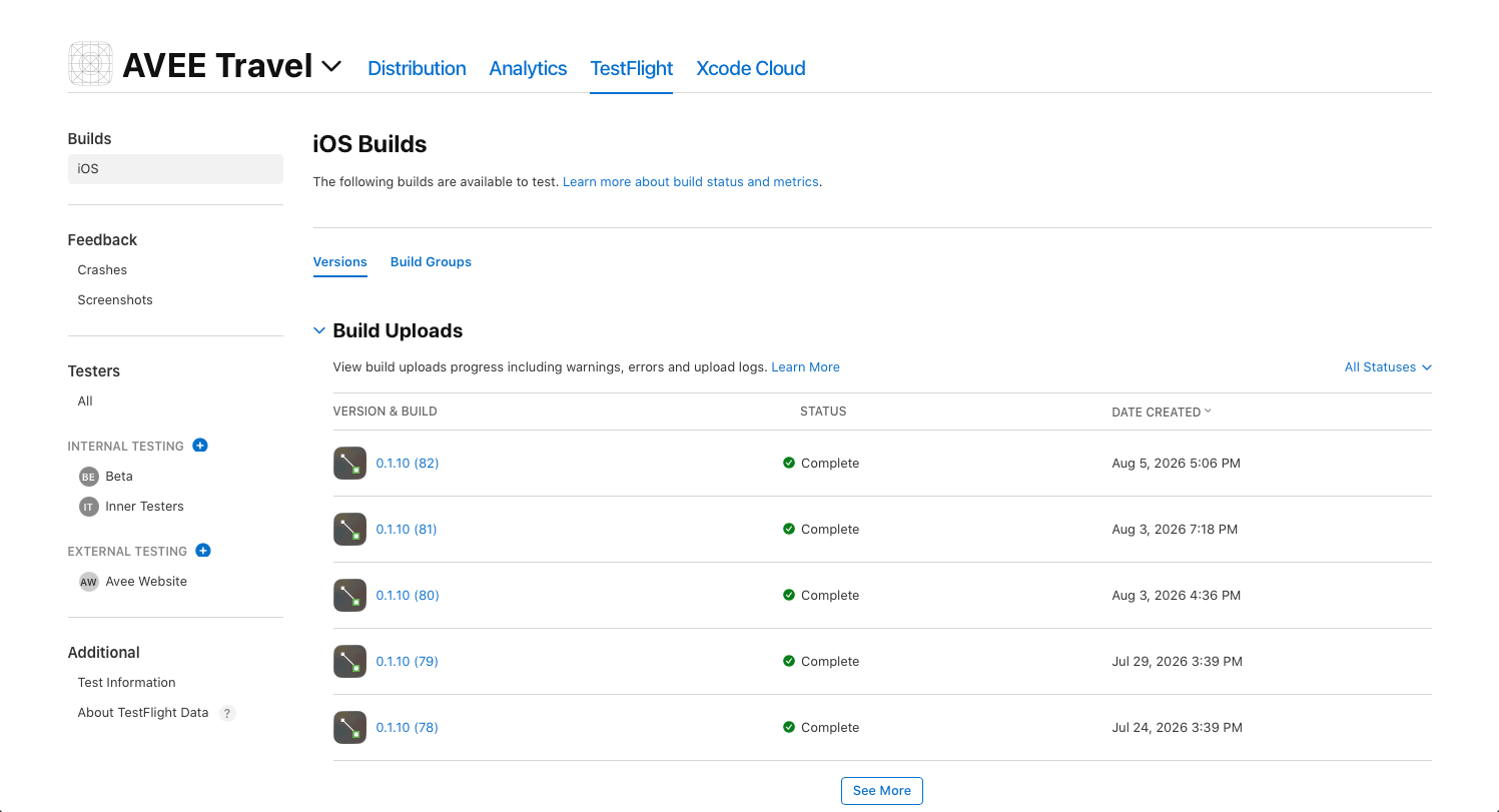 App Store Connect TestFlight builds for AVEE Travel, five complete iOS builds