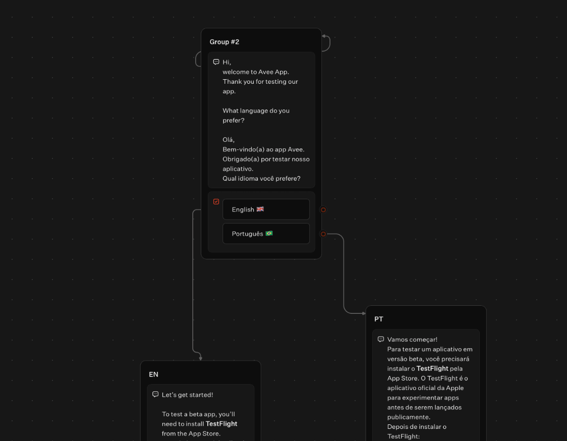 The chat survey built in Typebot, branching into English and Portuguese paths